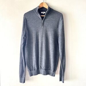 Reiss Mens Blackhall Merino Wool Slim Fit 1/4 Zip Mock Neck Sweater L Gray
